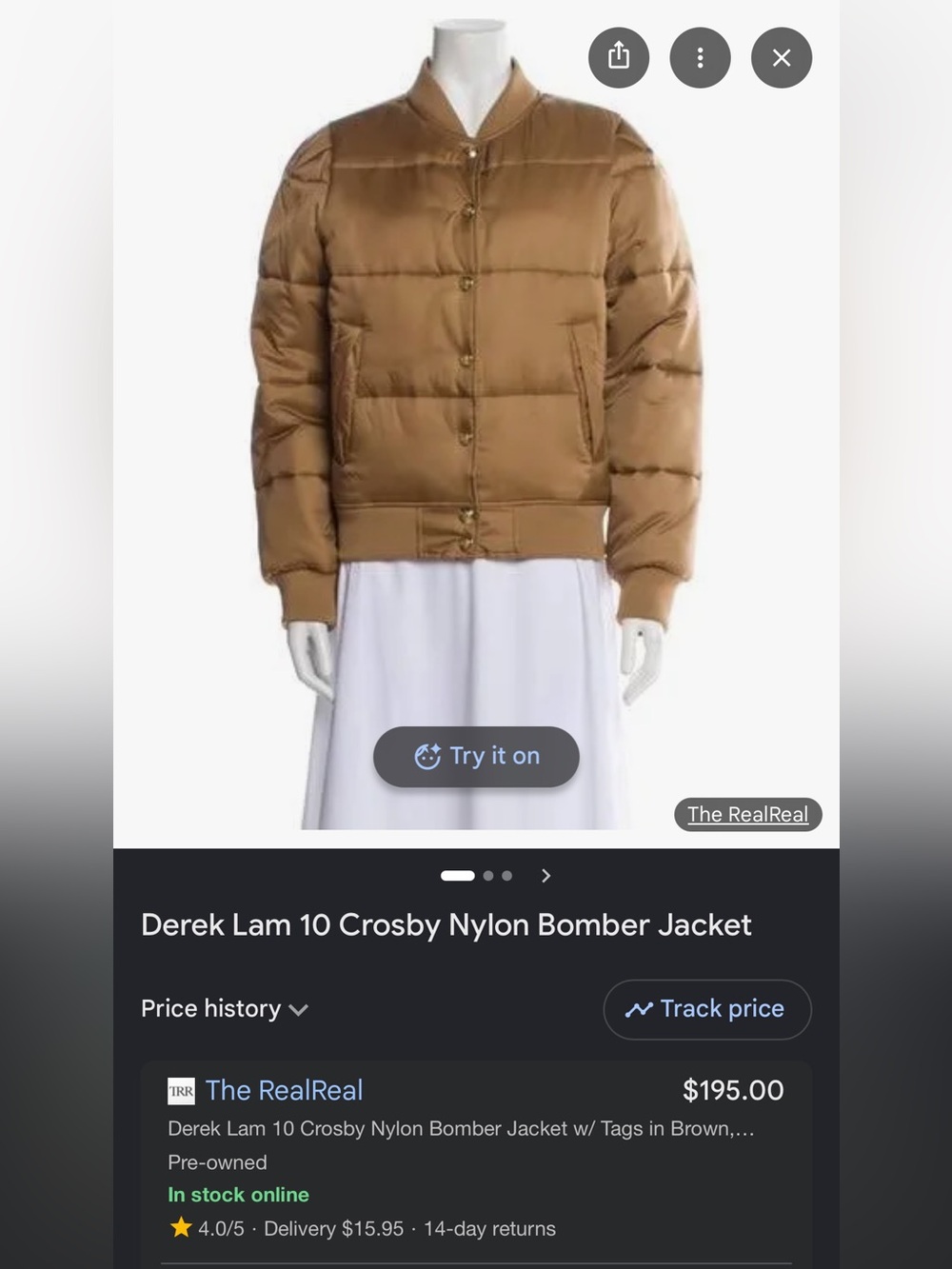 Derek Lam 10 Crosby Taupe-Brown Puffer Bomber Jacket